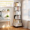 6 Tier Rotating Bookshelf With Wheels And Drawer, 360° Spinning Design, Space Saving Storage, For Home And Office - White - Image 4