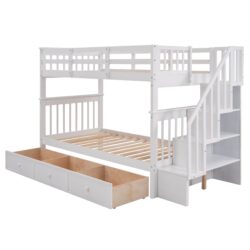 Twin Over Twin Stairway Bunk Bed With Three Drawers For Bedroom - White