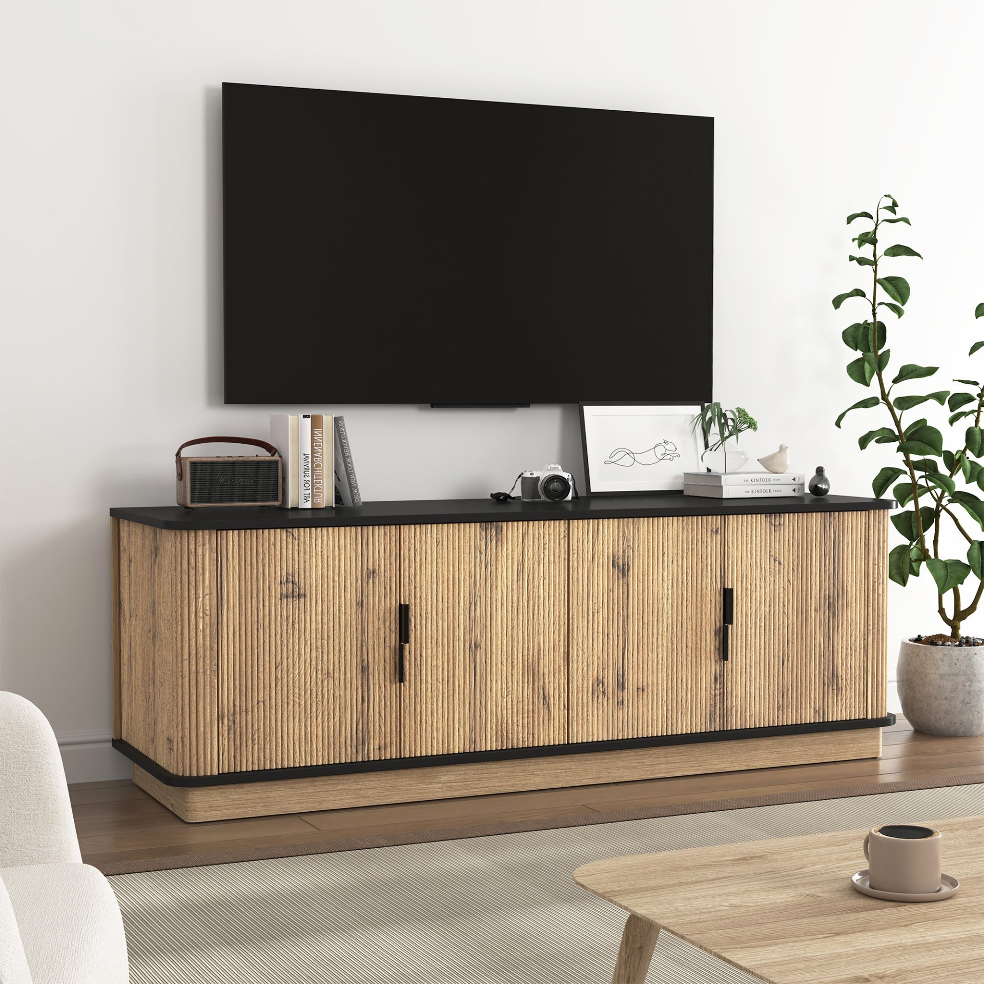 Grain 4 Door TV Cabinet, An Ideal Choice For TV And Item Storage In Modern Homes, A Perfect Blend Of Nordic And Modern Minimalist Styles - Black - Image 4