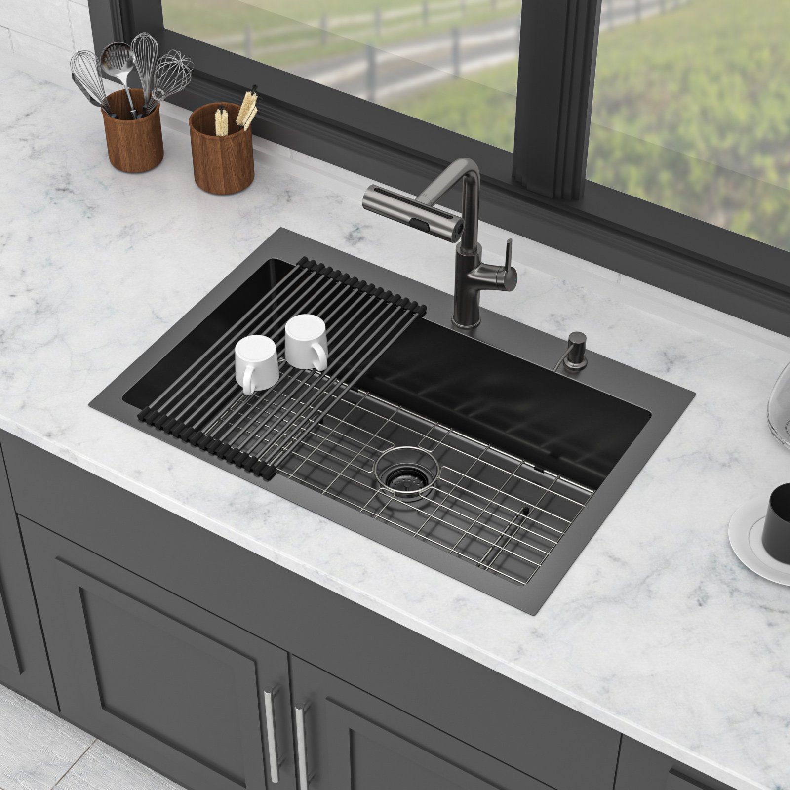 30" Drop In Kitchen Sink With Pull Out Faucet And Soap Dispenser 16 Gauge T 304 Single Bowl Topmount Sink - Gunmetal Black - Image 3