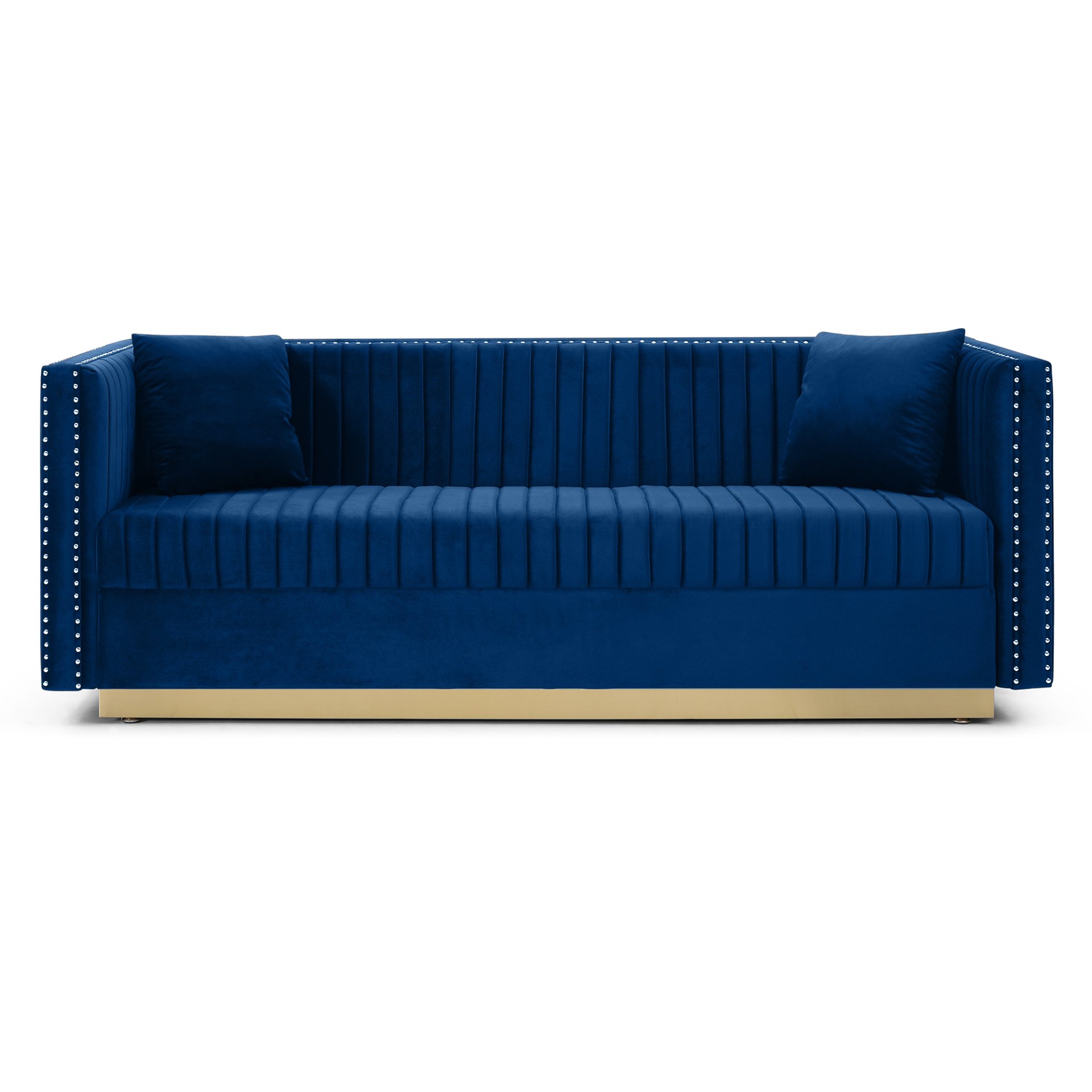 Contemporary Vertical Channel Tufted Velvet Sofa Loveseat Upholstered 2 Pieces Set With 4 Pillows - Blue - Image 3