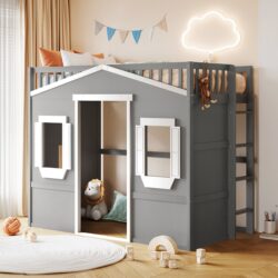 Twin Size House Loft Bed With Ladder - Gray / White