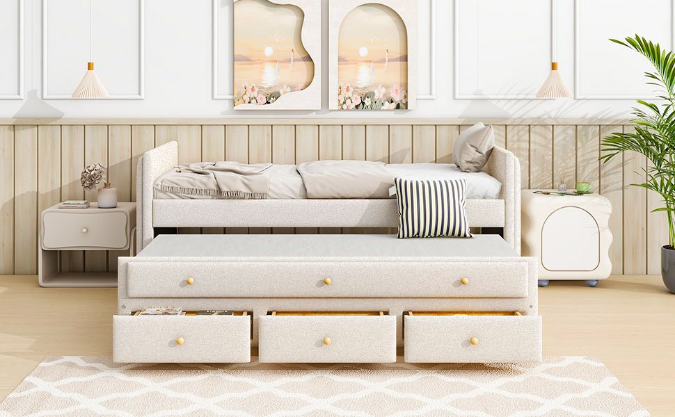 Twin Size Upholstered Daybed With Twin Size Trundle And Drawers - Beige - Image 21