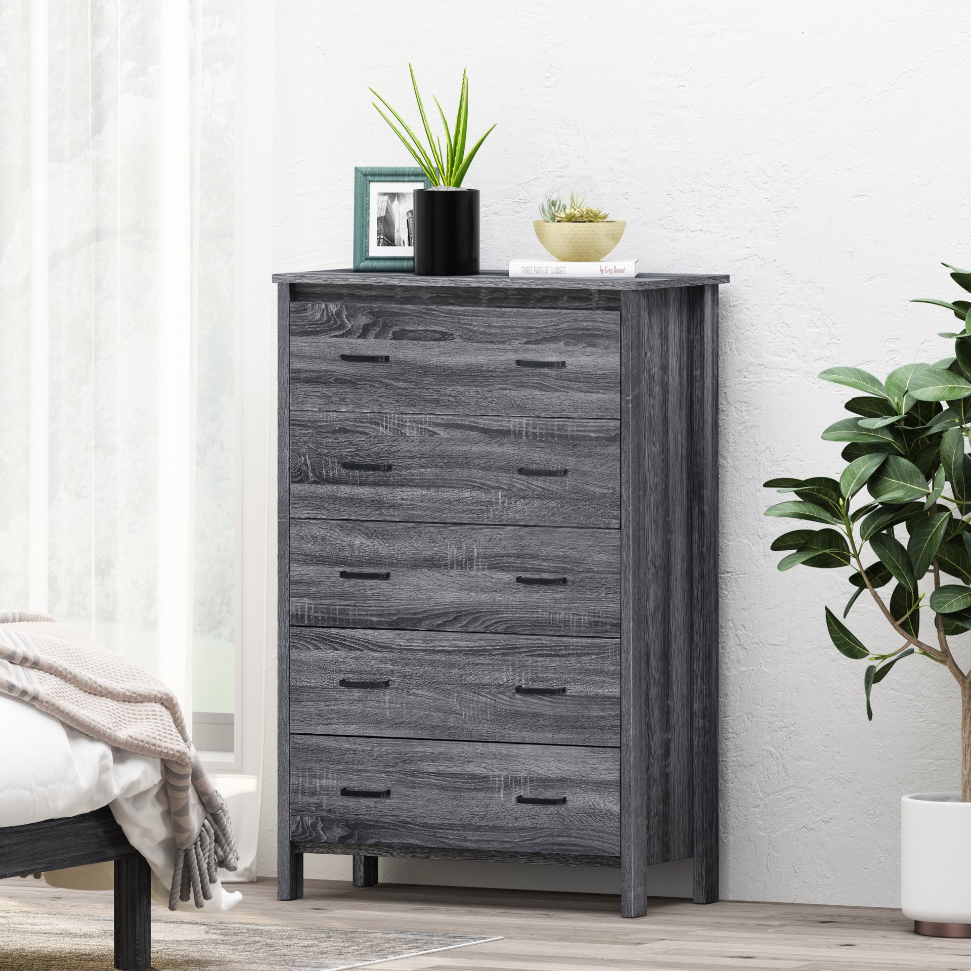 Titeca - Contemporary Wood 5 Drawer Dresser - Dark Gray - Image 4