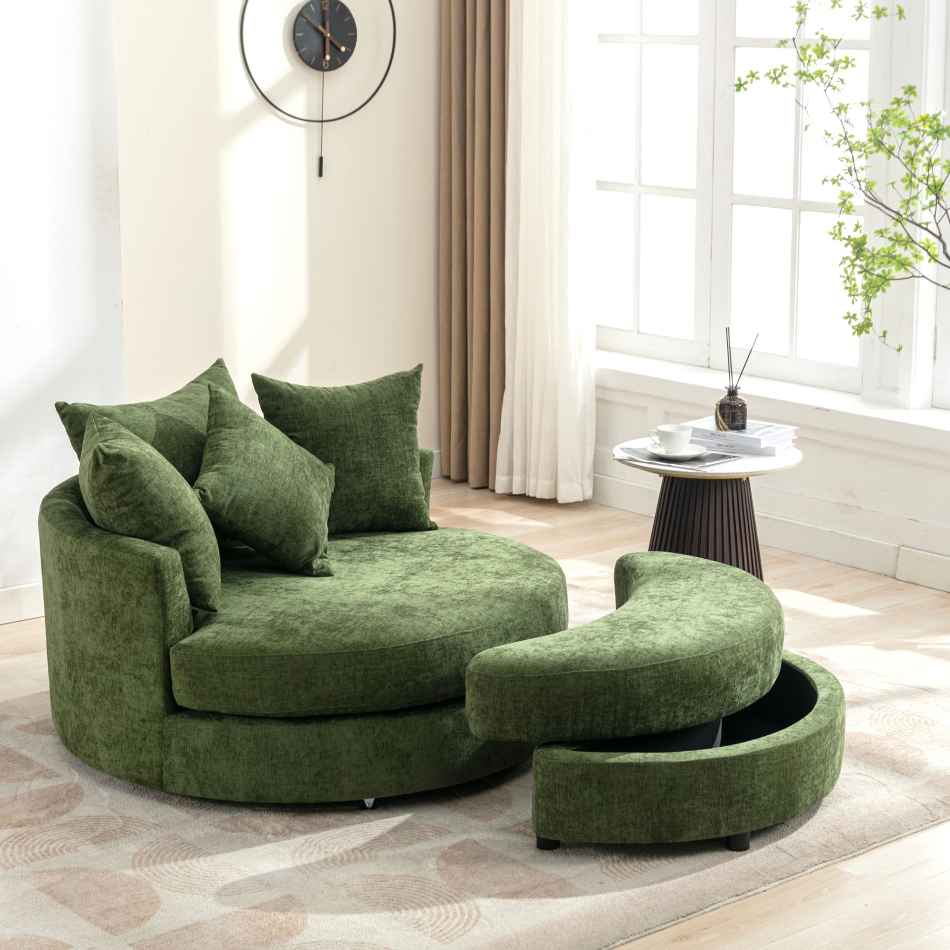 360° Swivel Accent Barrel Chair With Storage Ottoman & 4 Pillows, Modern Chenille Leisure Chair Round Accent For Living Room - Green - Image 9