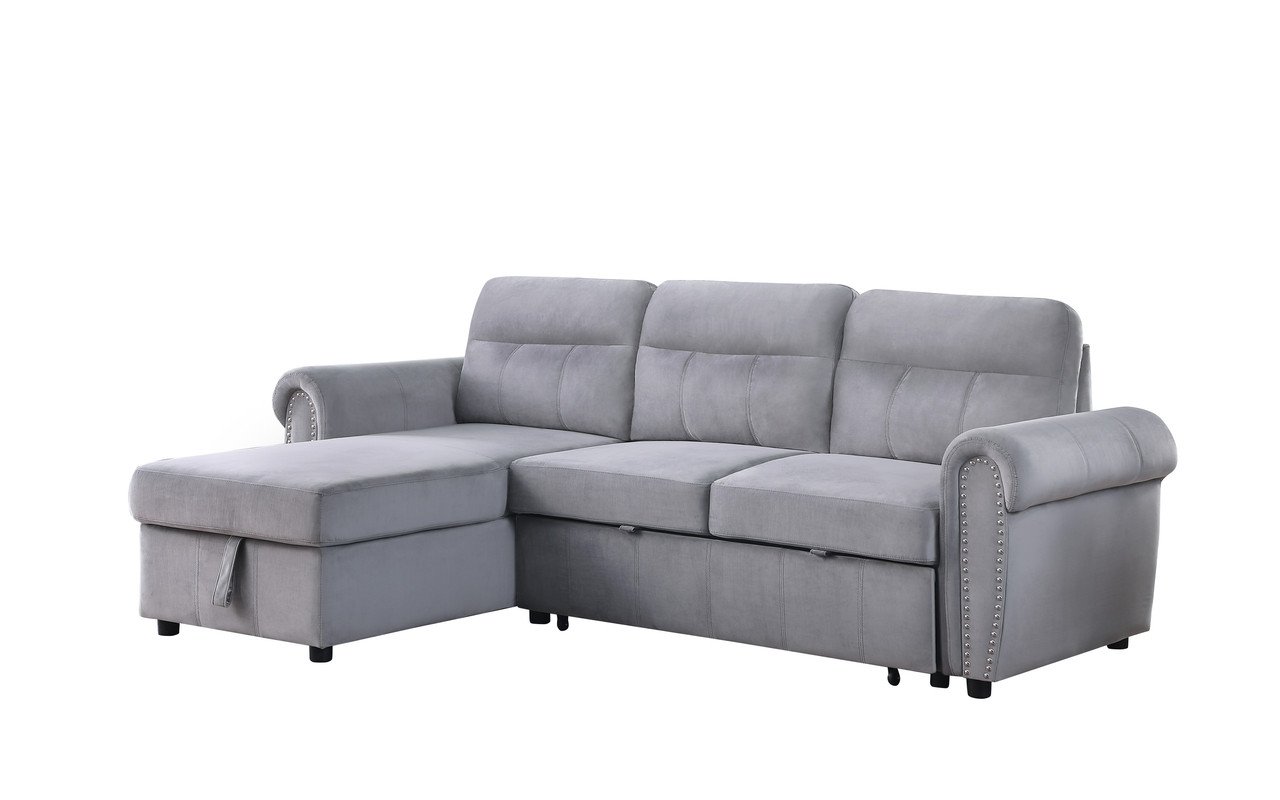 Ashton - Velvet Fabric Reversible Sleeper Sectional Sofa Chaise - Gray - Image 5