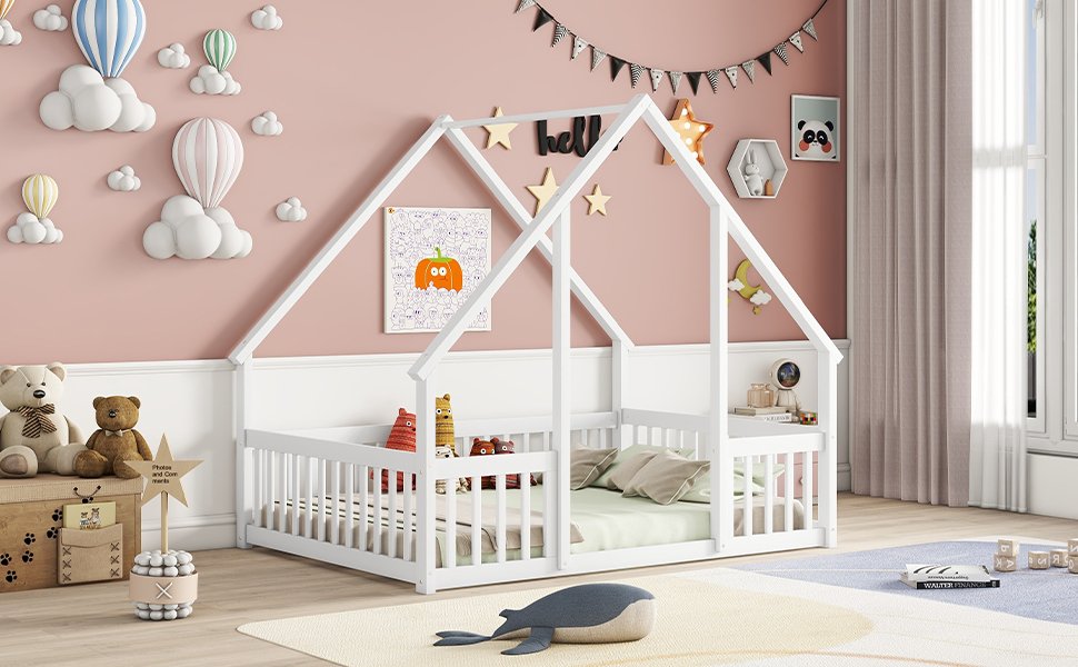 Full Wood House-Shaped Floor Bed With Fence, Guardrails - White - Image 8