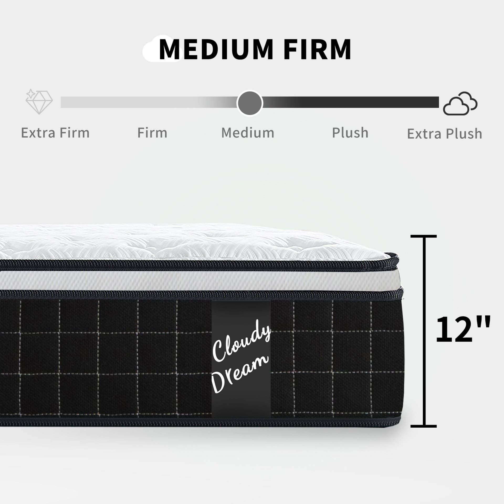 12" King Size Hybrid Mattress Individual Pocket Spring 7 Zoned Soft Memory Foam Breathable Cool Knitted Cover - Black - Image 2