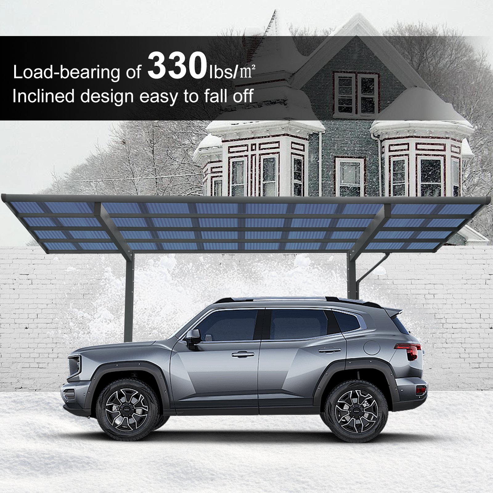 Outdoor Carport, Single Carport Aluminum Metal Frame And Polycarbonate Panels Car Port For Outdoor Driveway Car, Truck - Charcoal - Image 8