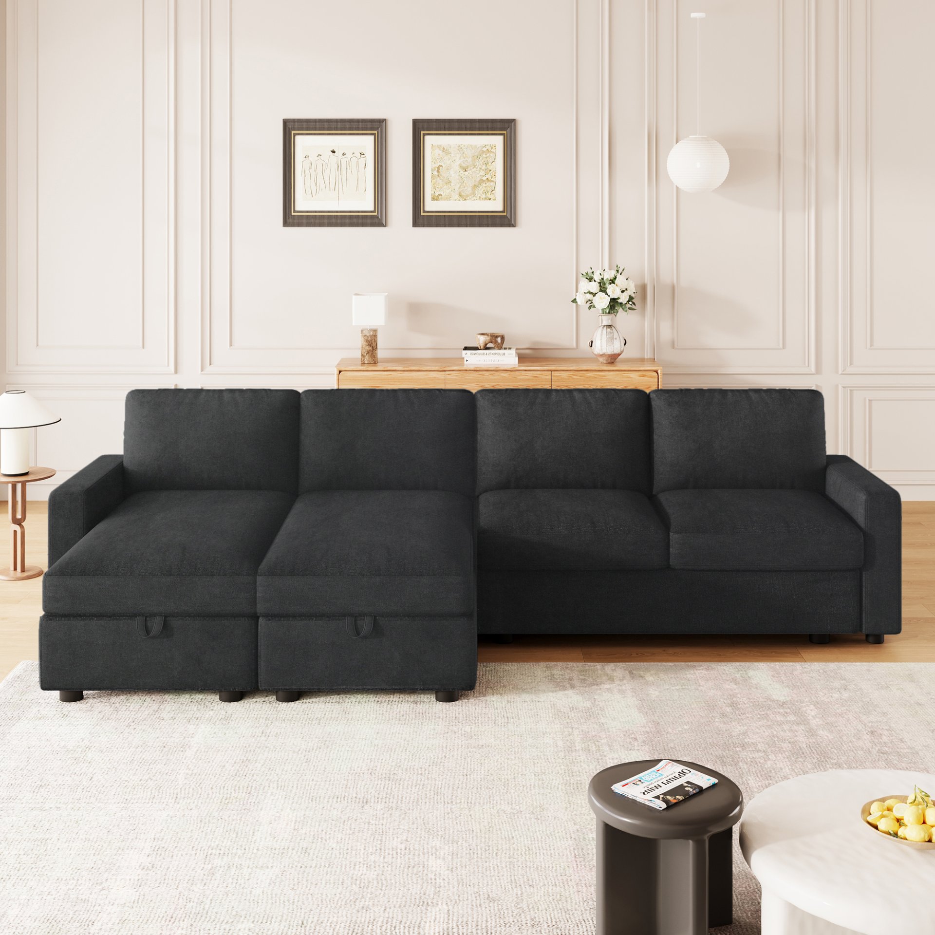 Convertible U Shaped Sectional Sofa With Storage Chaise Lounges And USB Ports - Black - Image 10