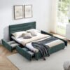 Modern Queen Size Cushioned Bed Frame With Headboard And Drawers And Velvet - Blue / Green - Image 3
