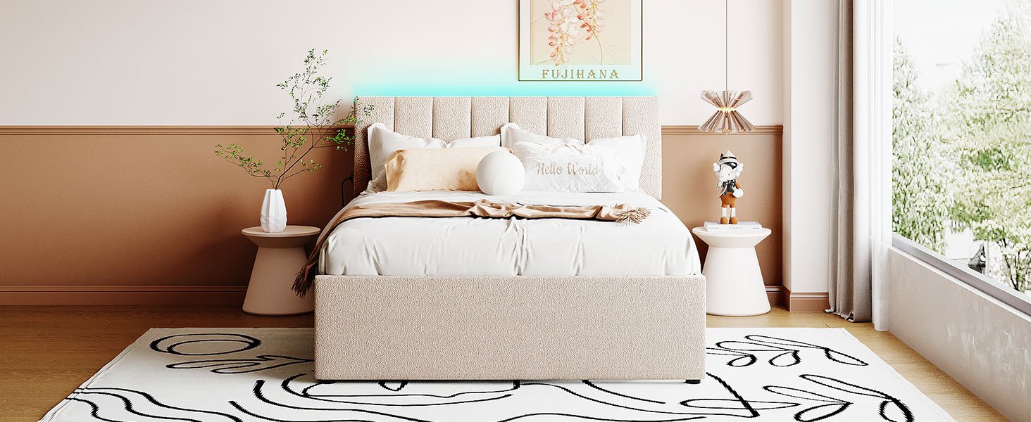Full Size Upholstered Platform Bed With Twin Size Trundle - Beige - Image 16