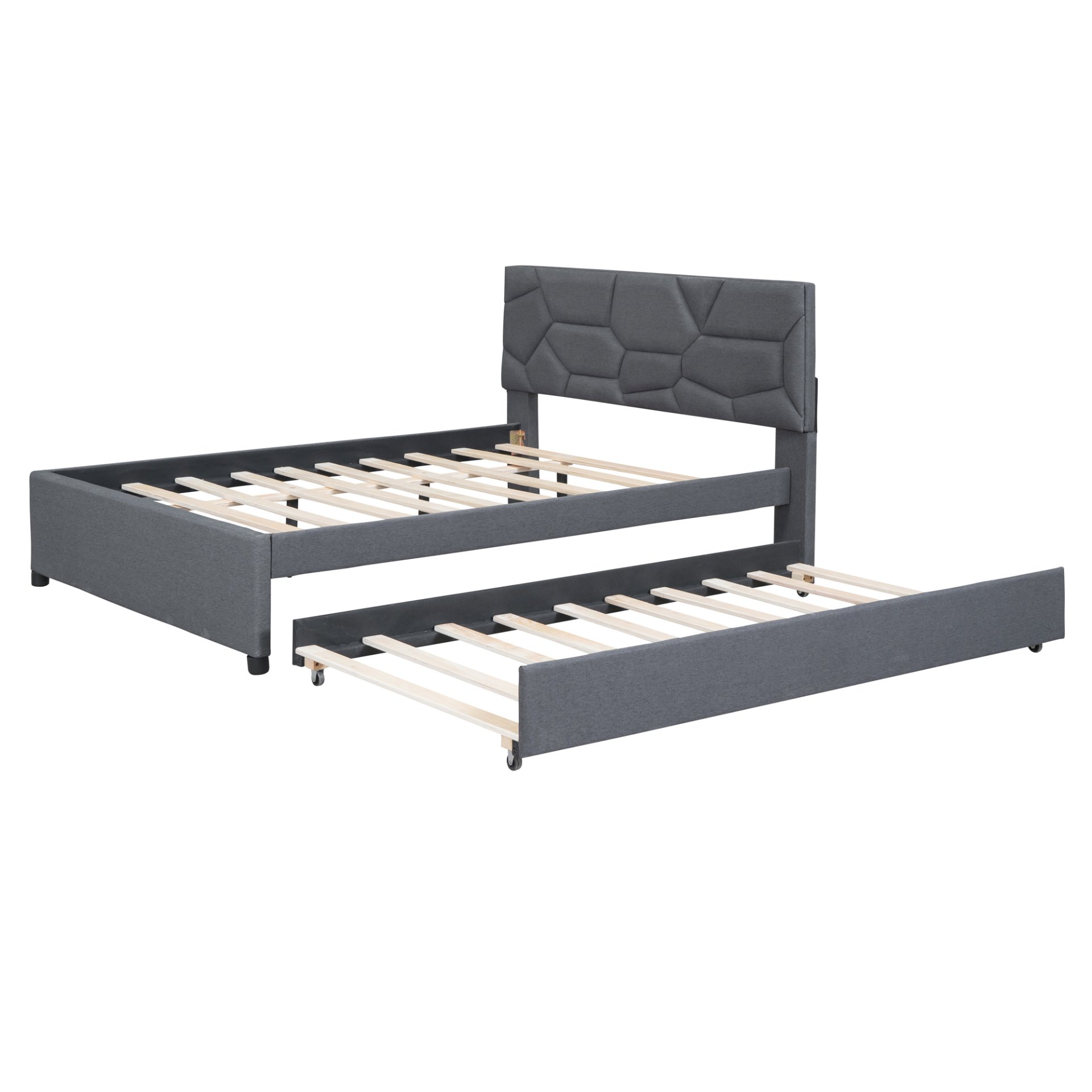 Full Size Upholstered Platform Bed With Brick Pattern Headboard And Twin Size Trundle - Gray - Image 4