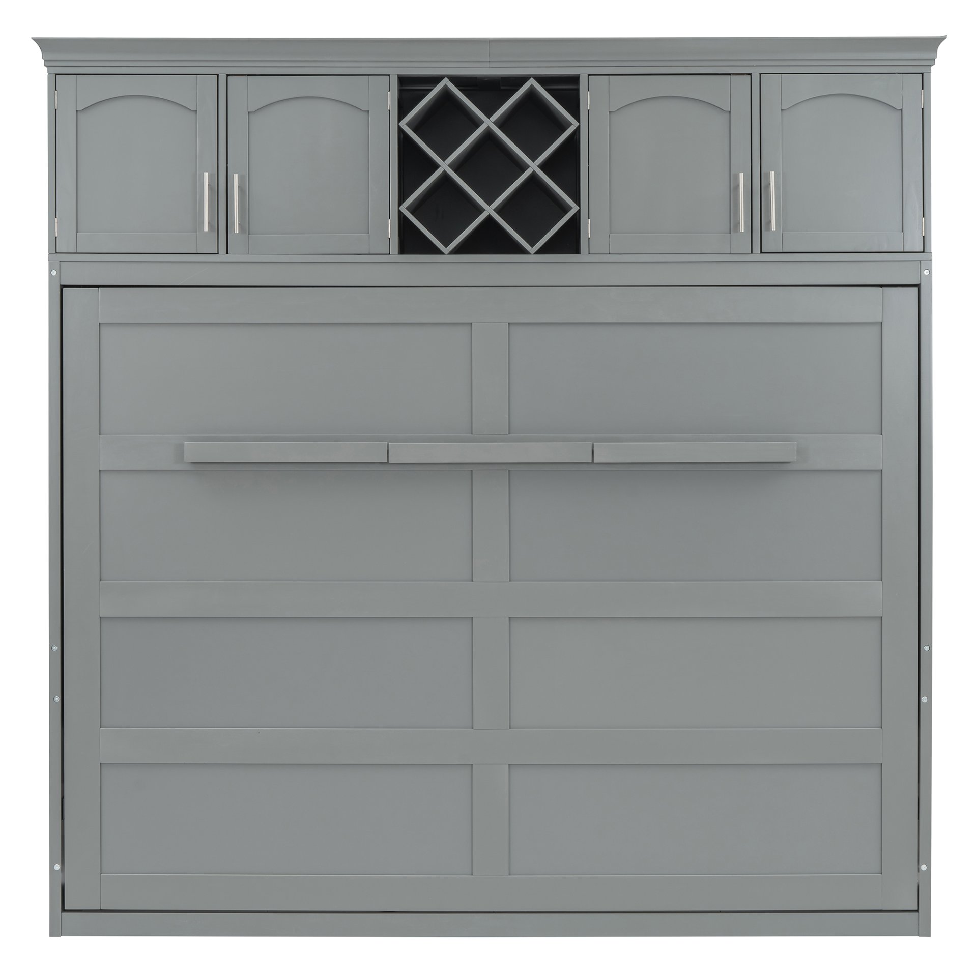 Queen Size Murphy Wall Bed With Top Cabinets & Wine Rack - Gray - Image 12