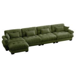 Modern Velvet L Shaped Sectional Cloud Sofa Convertible Deep 4 Seater Modular Couch & Bolstered Armrests - Olive Green