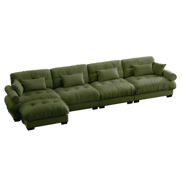 Modern Velvet L Shaped Sectional Cloud Sofa Convertible Deep 4 Seater Modular Couch & Bolstered Armrests - Olive Green