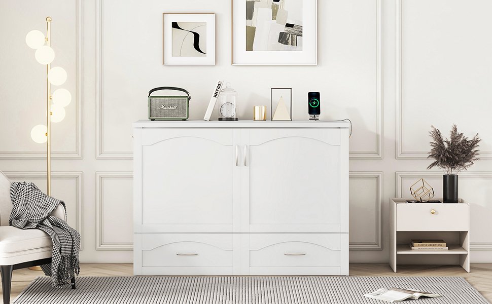 Full Size Murphy Wall Bed With Drawer And A Set Of Sockets & USB Ports, Pulley Structure Design - White - Image 14