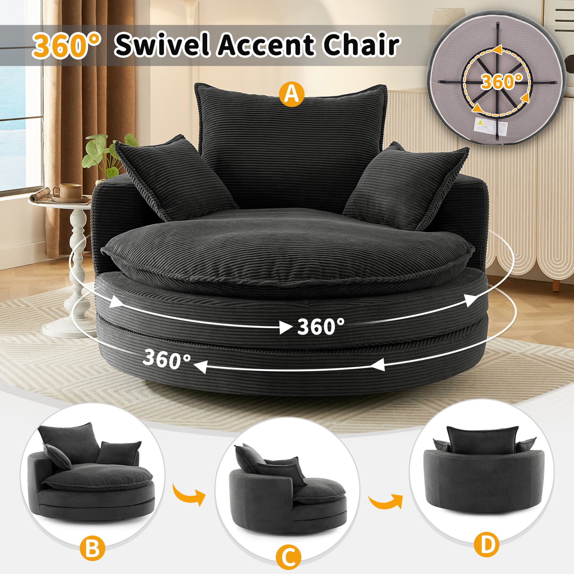 Modern 360° Swivel Sofa Chair With Dual Layer Cushion And Removable Pillows Corduroy - Black - Image 5