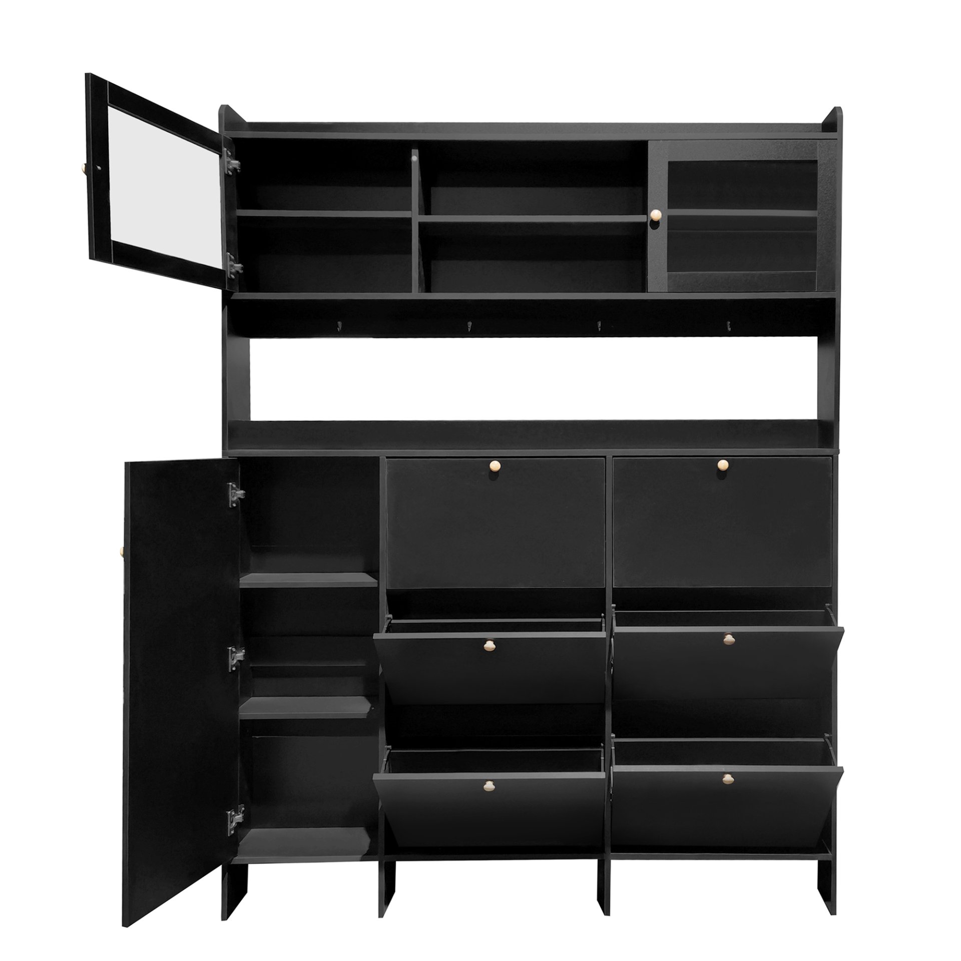 Multifunctional Tipping Bucket Shoe Cabinet With Storage Shelf & 6 Flip Drawers, Large Hall Tree With Tempered Glass Doors, Foyer Cabinet With 4 Hooks For Hallway - Black - Image 12