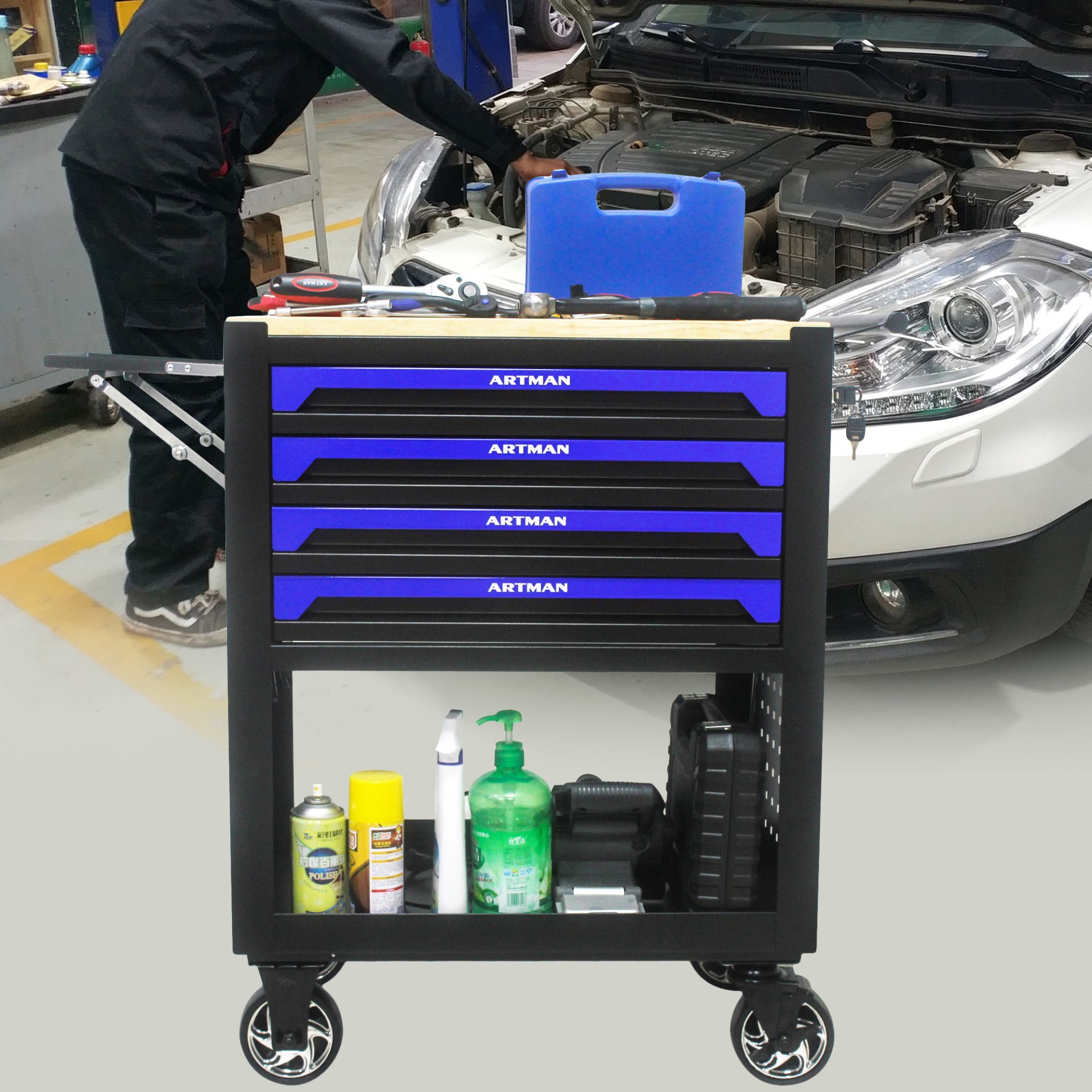 4 Drawers Multifunctional Tool Cart With Wheels And Wooden Top - Black / Blue - Image 12