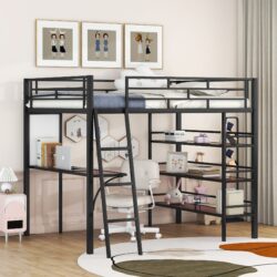 Full Size Loft Bed With 3 Layers Of Shelves And Desk, Stylish Frame Bed - Black