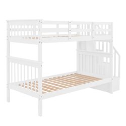 Twin Over Twin Stairway Bunk Bed With Storage And Guard Rail For Bedroom - White