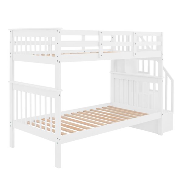 Twin Over Twin Stairway Bunk Bed With Storage And Guard Rail For Bedroom - White