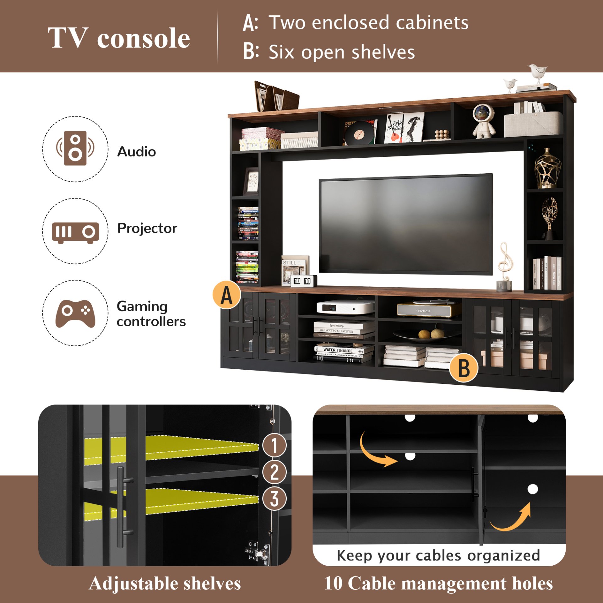 Wall Unit Entertainment Center With Bookshelves For TVs Up To 80", Modern TV Stand Media Console With Cabinets, Tempered Glass Doors And Adjustable Shelves For Living Room - Black - Image 7