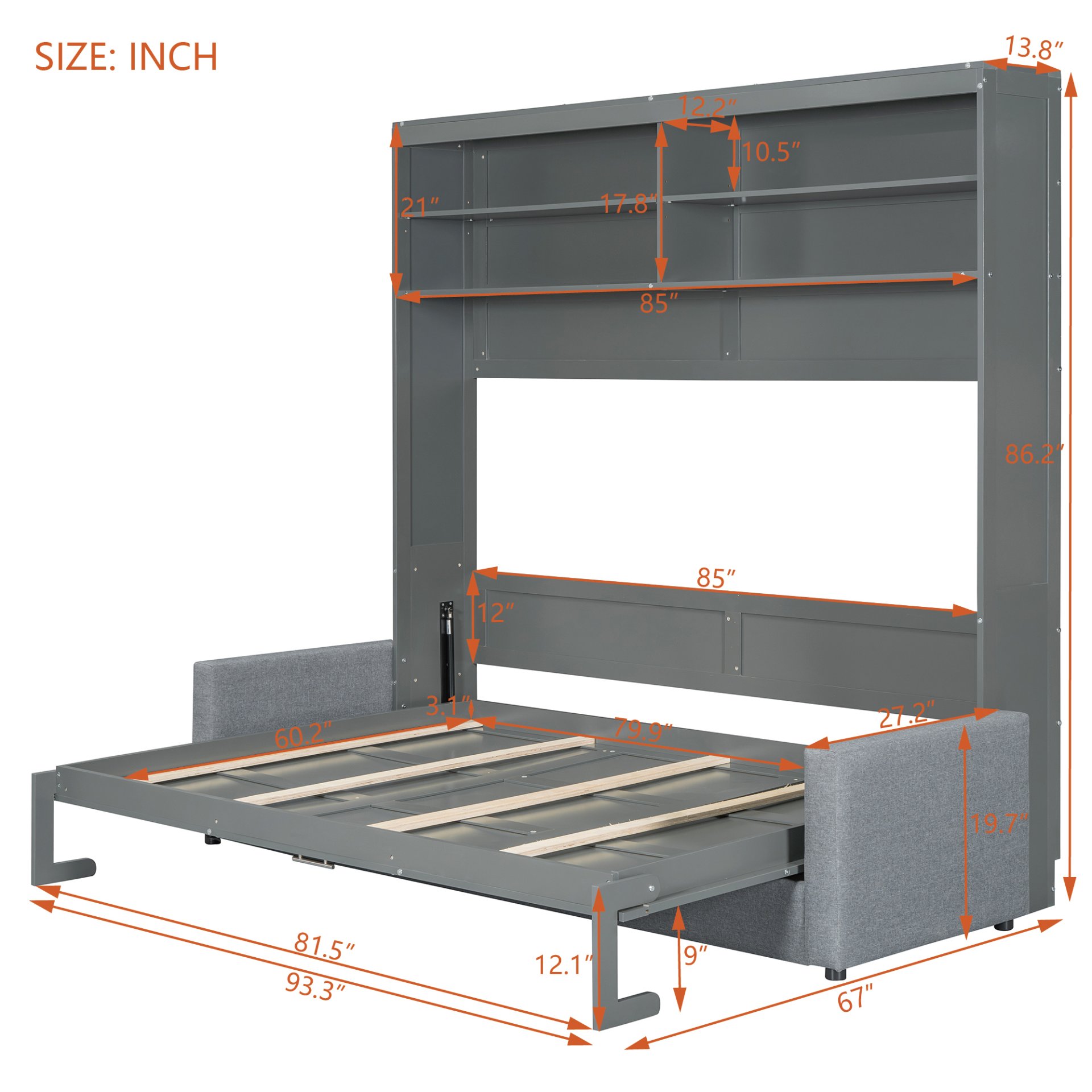 Queen Size Murphy Wall Bed With Sofa - Gray - Image 4