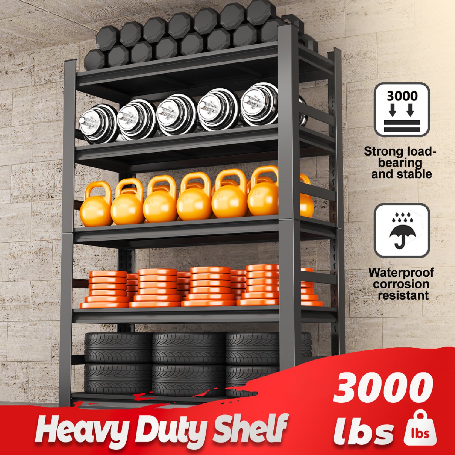 Heavy Duty Storage Rack, 5 Layer Adjustable Shelf, Suitable For Tool Rooms, Garages - Black - Image 9