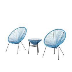 3 Piece Rattan Outdoor Seating Set With Glass Top Table Frame - Turquoise