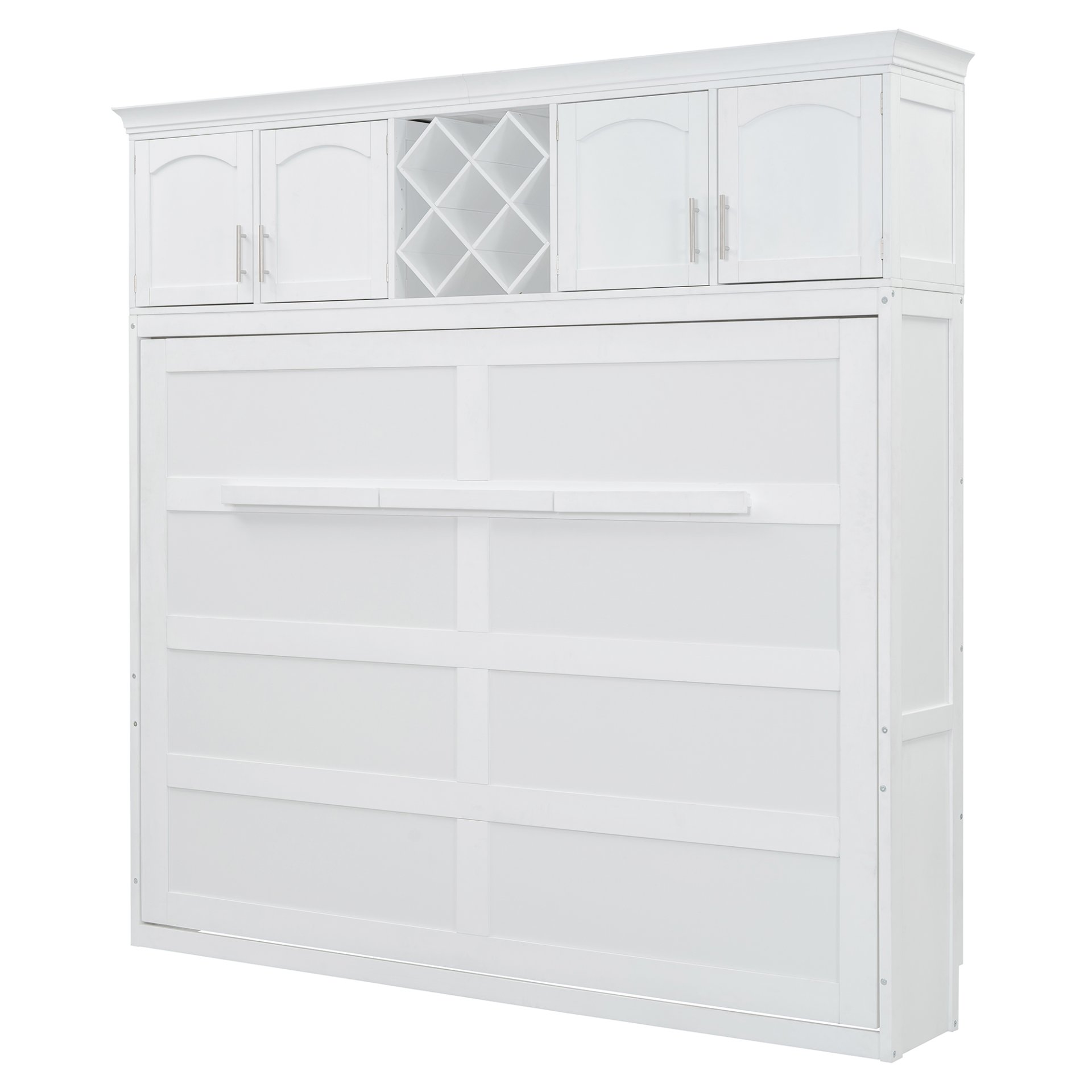 Queen Size Murphy Wall Bed With Top Cabinets & Wine Rack - White - Image 9