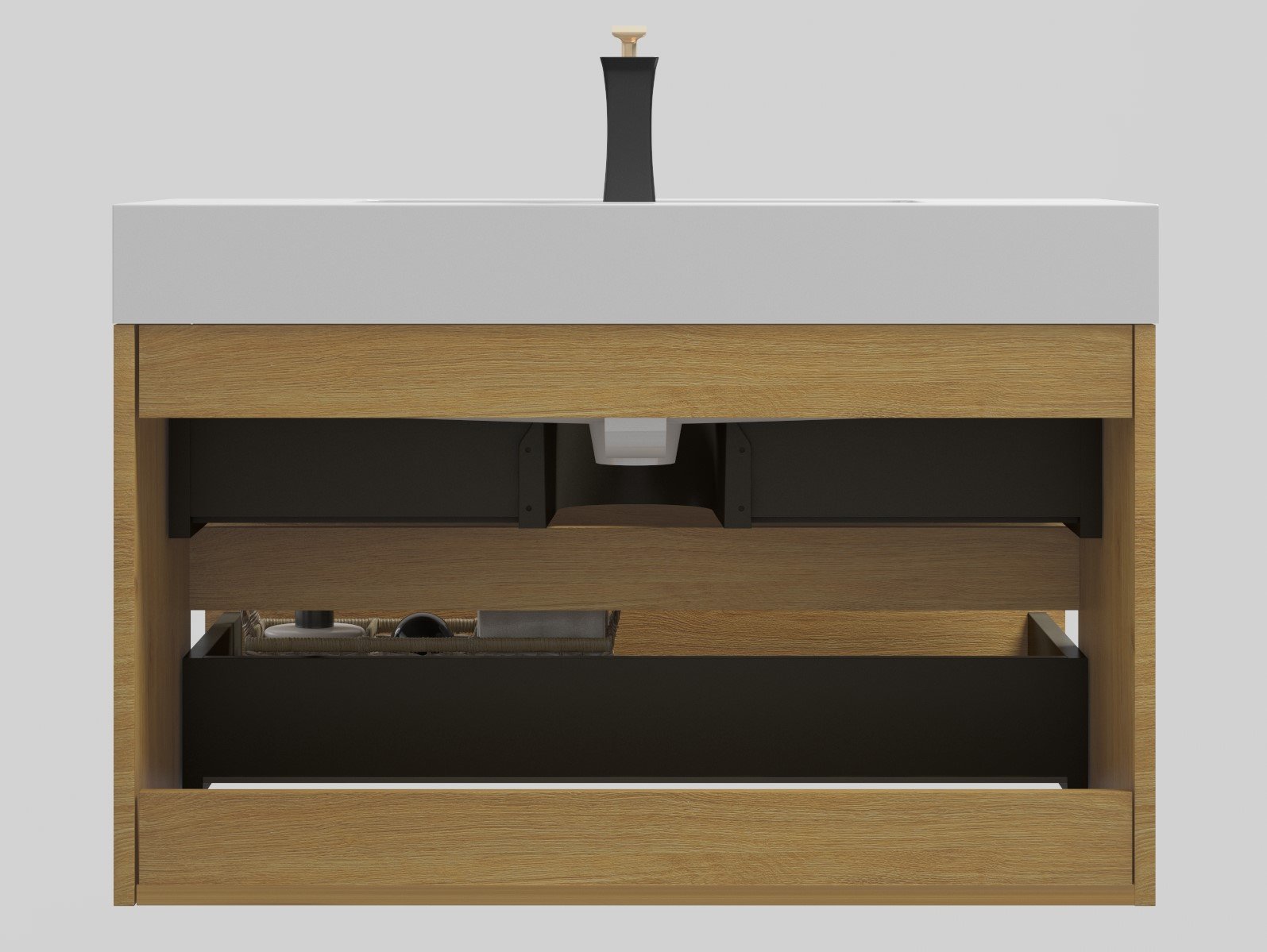 Alice - U042-Alice36-106 Bathroom Vanity With Black Sink, Large Storage Wall Mounted Floating Bathroom Vanity For Modern Bathroom, One-Piece Black Sink Basin Without Drain - Oak / White - Image 9