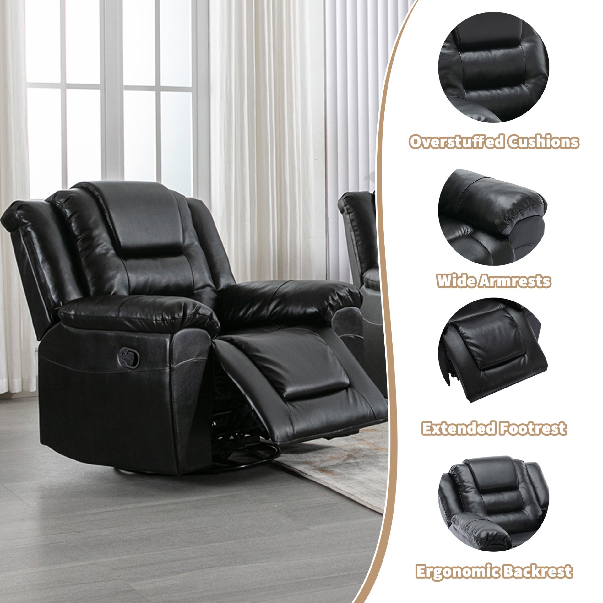 3 Seater Home Theater Recliner Manual Recliner Chair With Two Built-In Cup Holders For Living Room - Black - Image 4