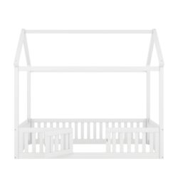 Twin Wood House Bed With Fence And Door - White
