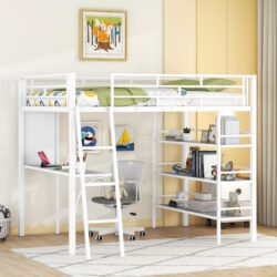 Full Size Loft Bed With 3 Layers Of Shelves And Desk, Stylish Frame Bed - White