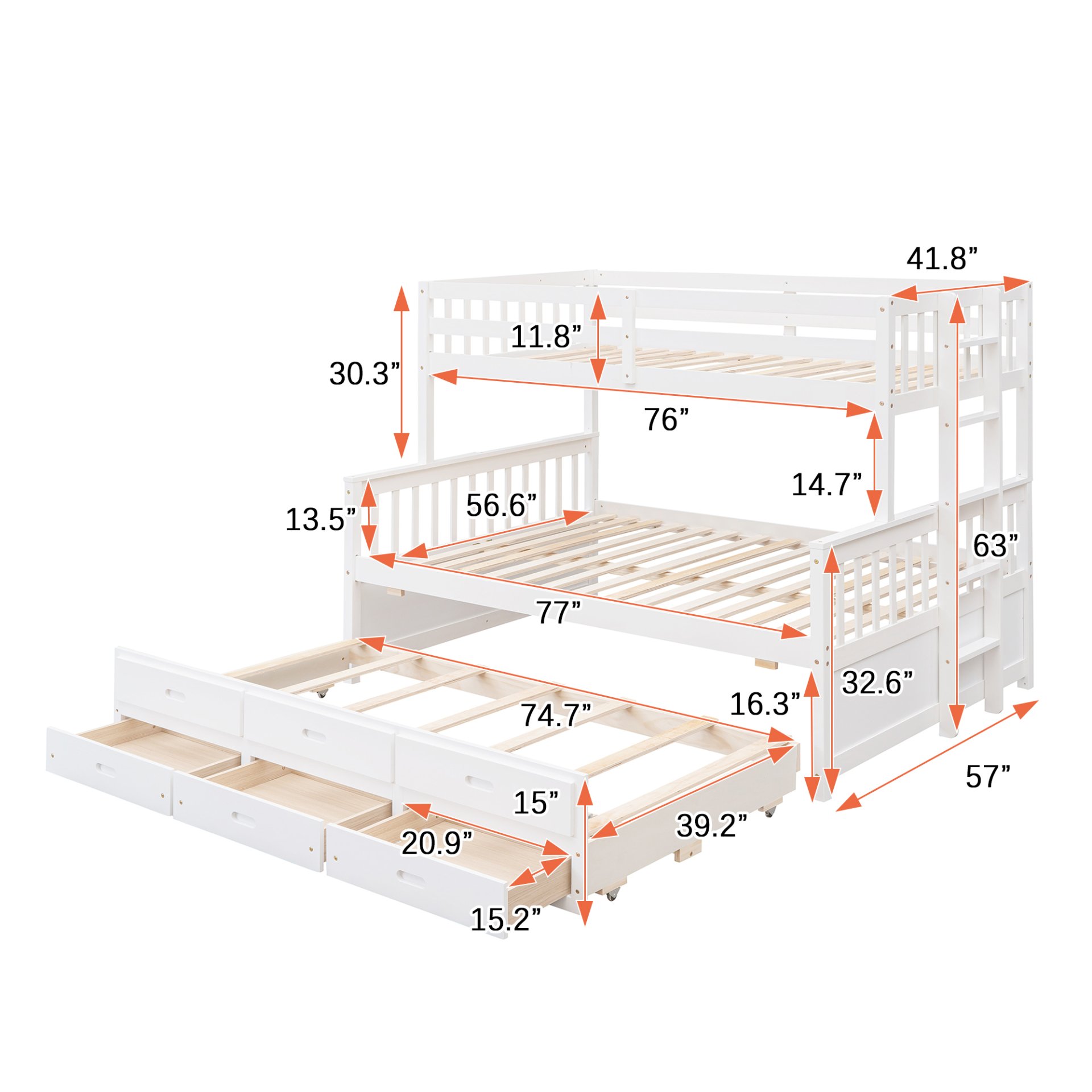 Twin Over Full Bunk Bed With Twin Size Trundle, With Drawers For Bedroom - White - Image 3
