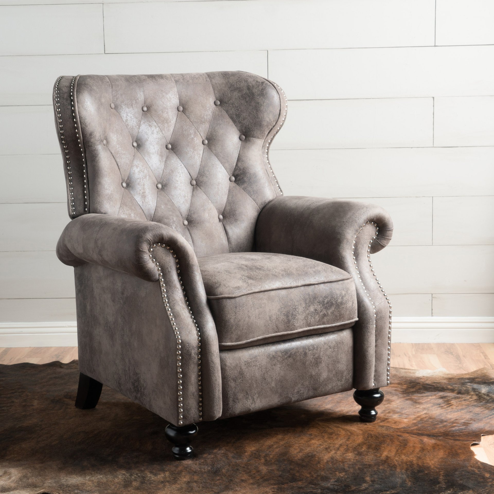 Accented Push Back Recliner Chair With Rolled Arms, Cocooning Comfort - Brown Gray - Image 2