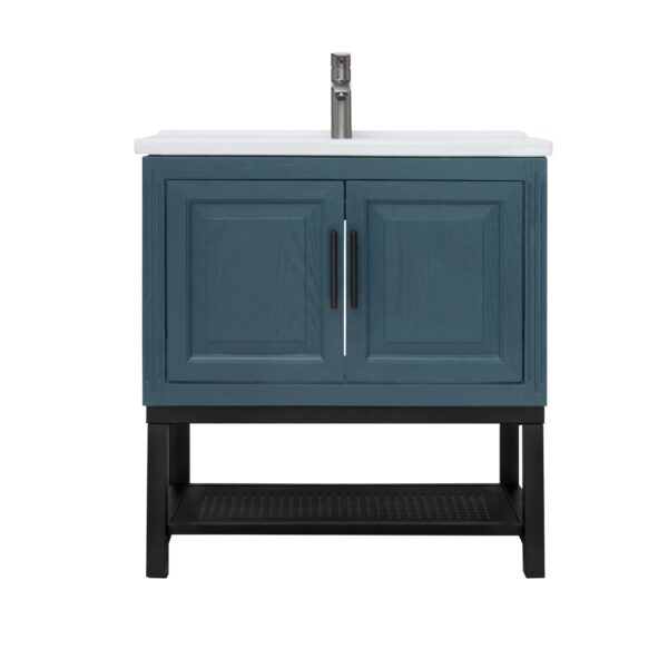 Modern Freestanding Bathroom Vanity With White Ceramic Sink, Hot And Cold Faucet, 2 Door Cabinet & Open Iron Shelf, Magnesium Oxide Frame - Blue
