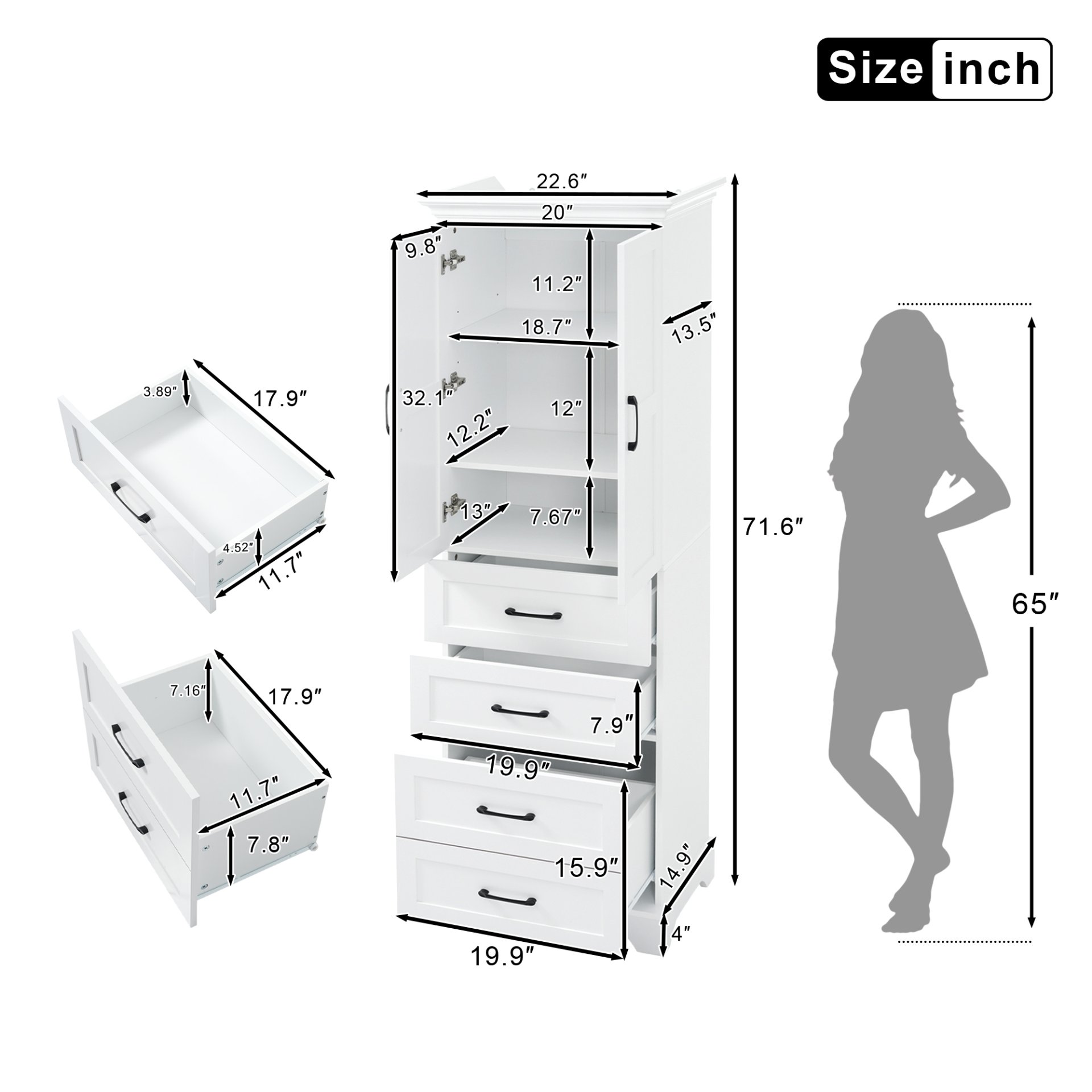 Bathroom Vanity With 2 Damping Hinge Doors, 3 Drawers, Adjustable Shelves - White - Image 3