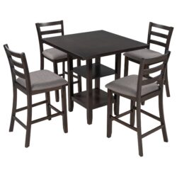 Wooden Counter Height Dining Set With Padded Chairs And Storage Shelving - Espresso