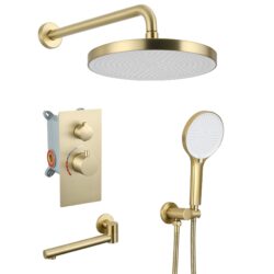 Shower System Set With Brass Valve, 10" Rain Shower, Handheld, Bathtub Spout - Brushed Gold