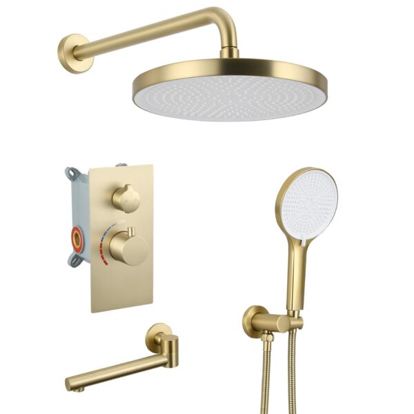 Shower System Set With Brass Valve, 10" Rain Shower, Handheld, Bathtub Spout - Brushed Gold