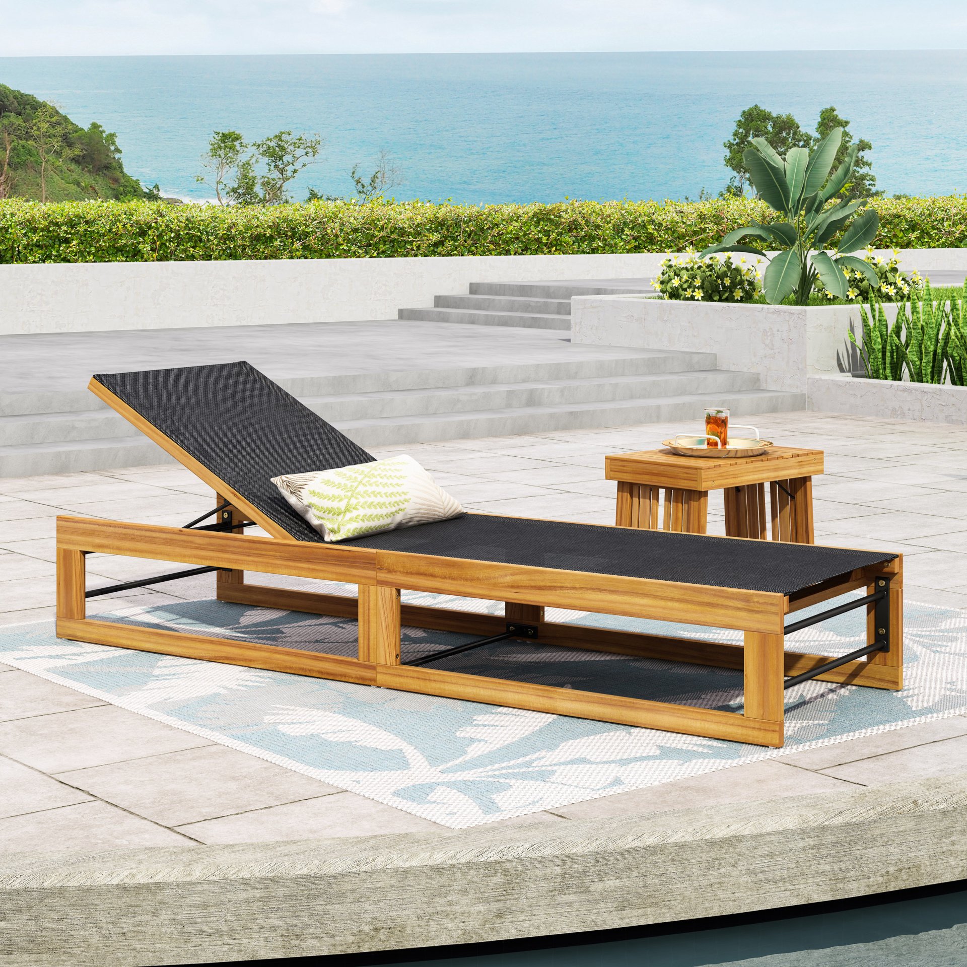 Outdoor Chaise Lounge With Acacia Wood Frame And Mesh Seat - Teak - Image 9
