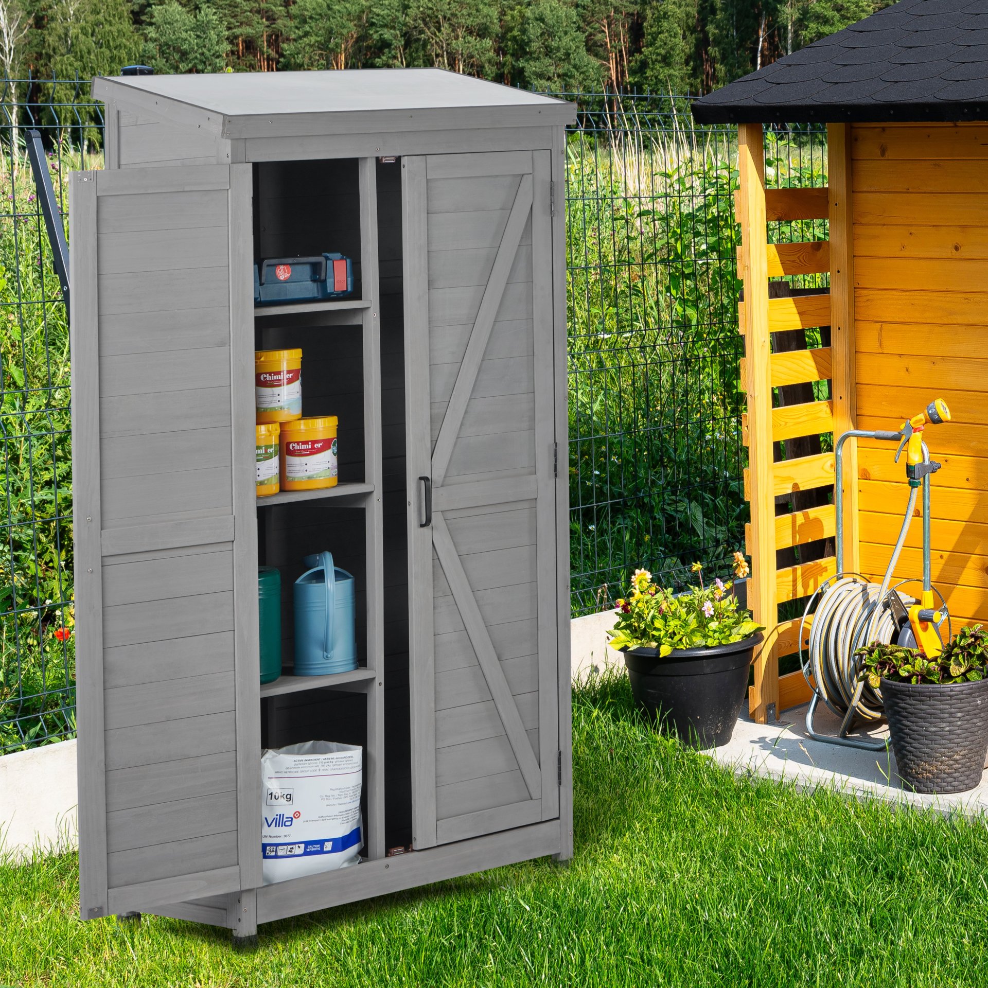 Wood Outdoor Storage Cabinet With Metal Top Garden Shed For Yard And Patio - Gray - Image 2