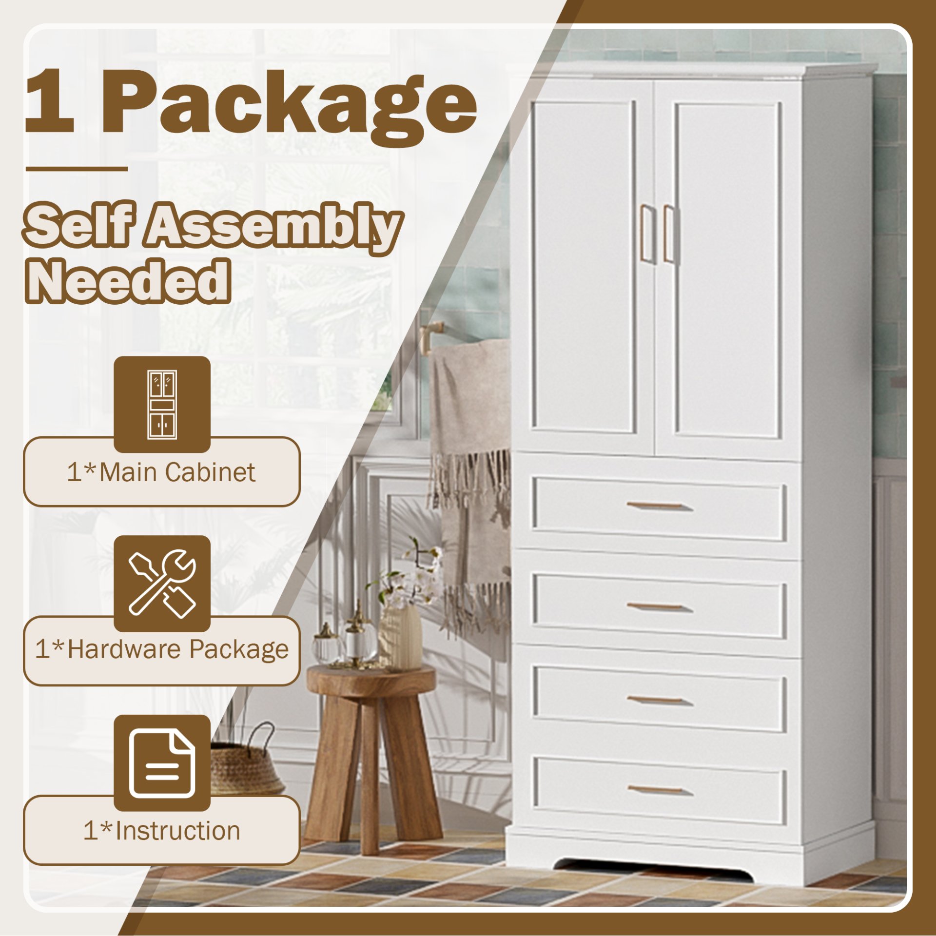 Bathroom Cabinet With 3 Drawers, Adjustable Shelf, Panels, Steel Handles, Soft Close Doors - White - Image 10