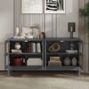 Retro Industrial Gray 4 Door Sideboard With Large Storage, Rattan And Glass Doors - Antique Dark Gray / Rattan - Image 5