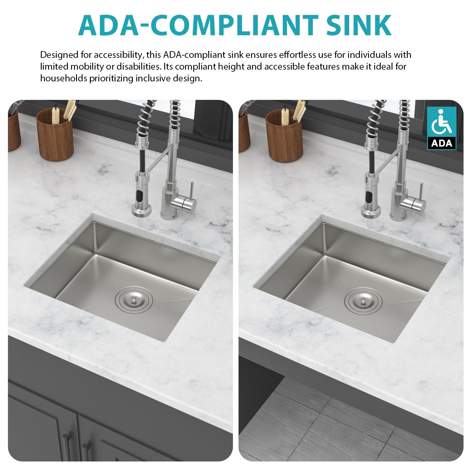 Ada Compliant - Undermount Kitchen Sink, Single Bowl Low Depth Basin, 16 Gauge T304 - Brushed Nickel - Image 7