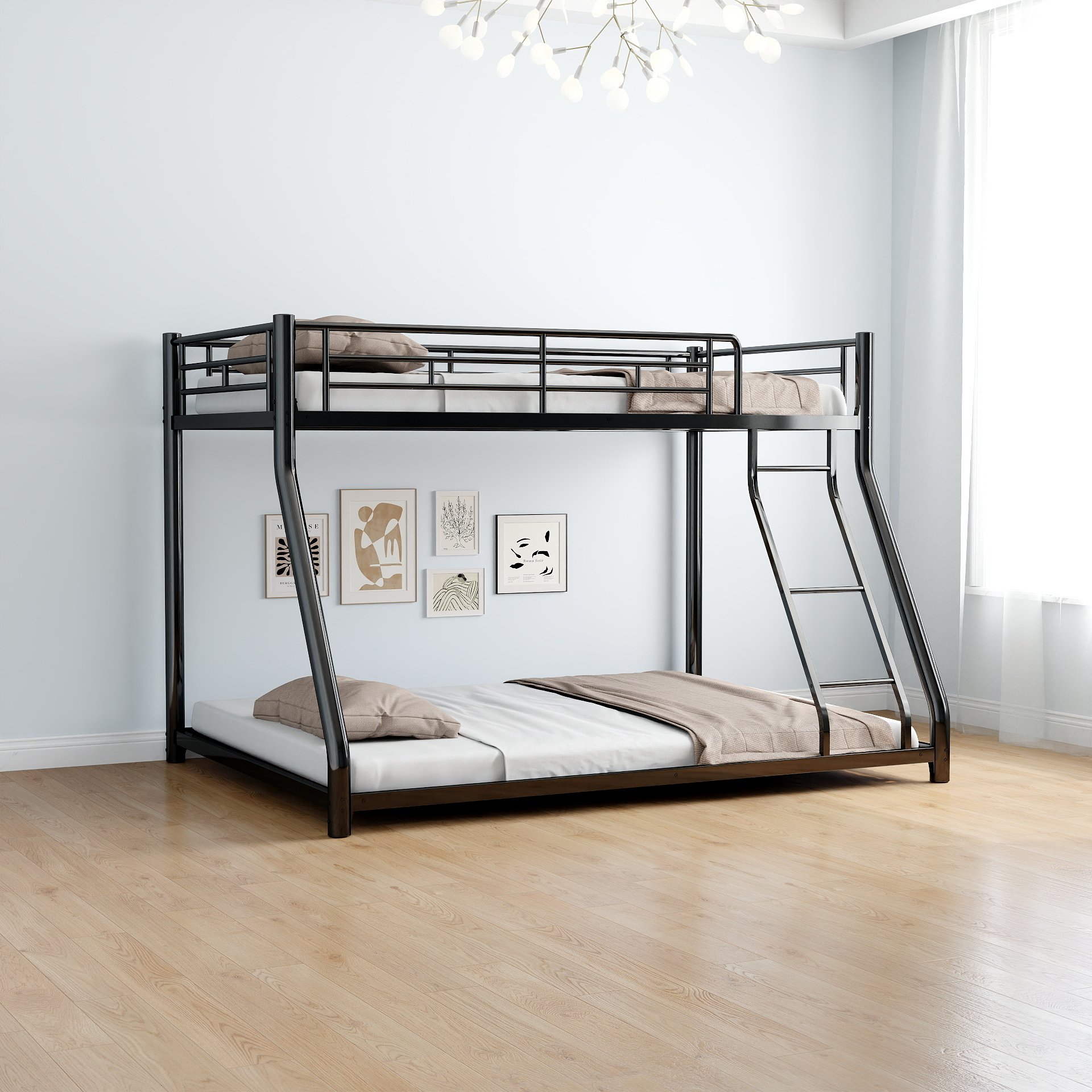 Twin Over Full Metal Bunk Bed Frame With Ladder And Guardrail, Heavy Duty Noise Free Design Metal Construction - Black - Image 10