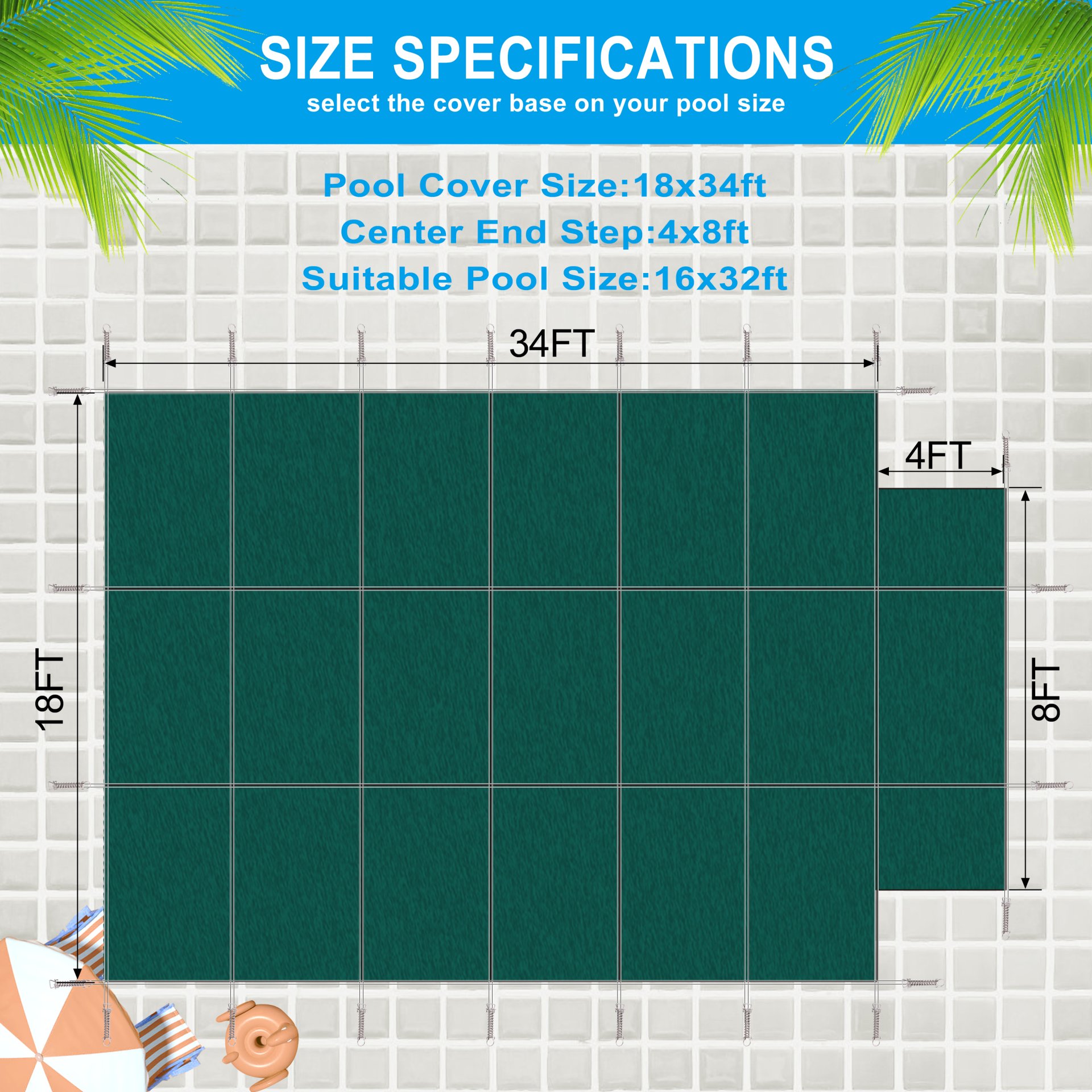 High Strength Mesh Pool Safety Cover With Installation Hardware, 16 X 32Ft With 4 X 8Ft End Step - Green - Image 3